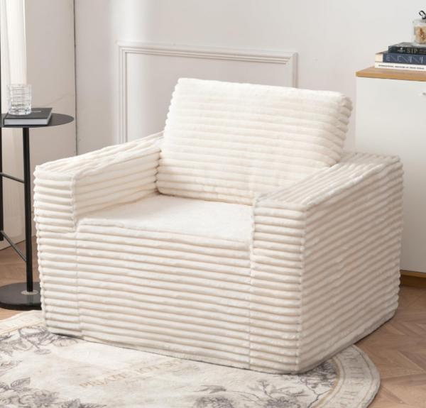 Cream White Vertical Stripe Plush Lounge Chair with Armrests